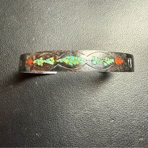 Vintage Native American Sterling Turquoise & Coral Inlay Chip Cuff Size 6.5